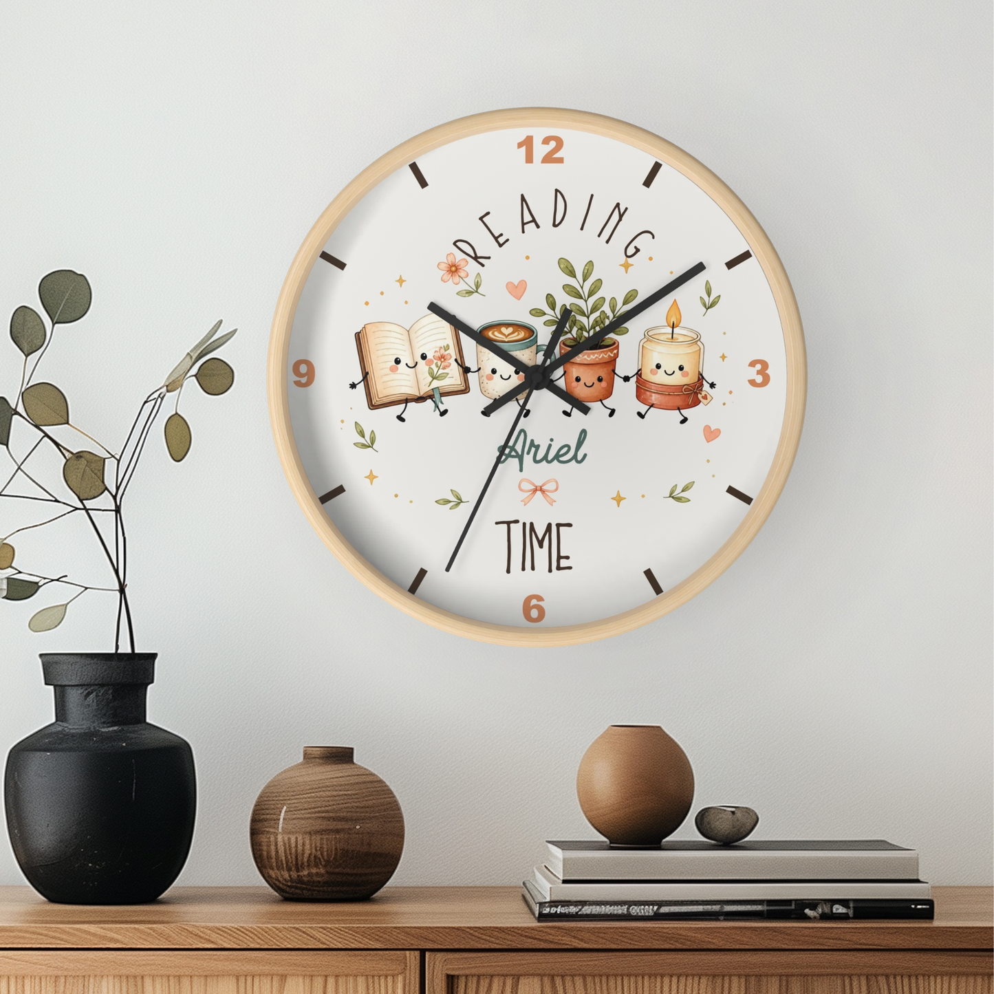 Reloj de pared de madera personalizado para niños – Decoración para sala de lectura para amantes de los libros con nombre personalizado