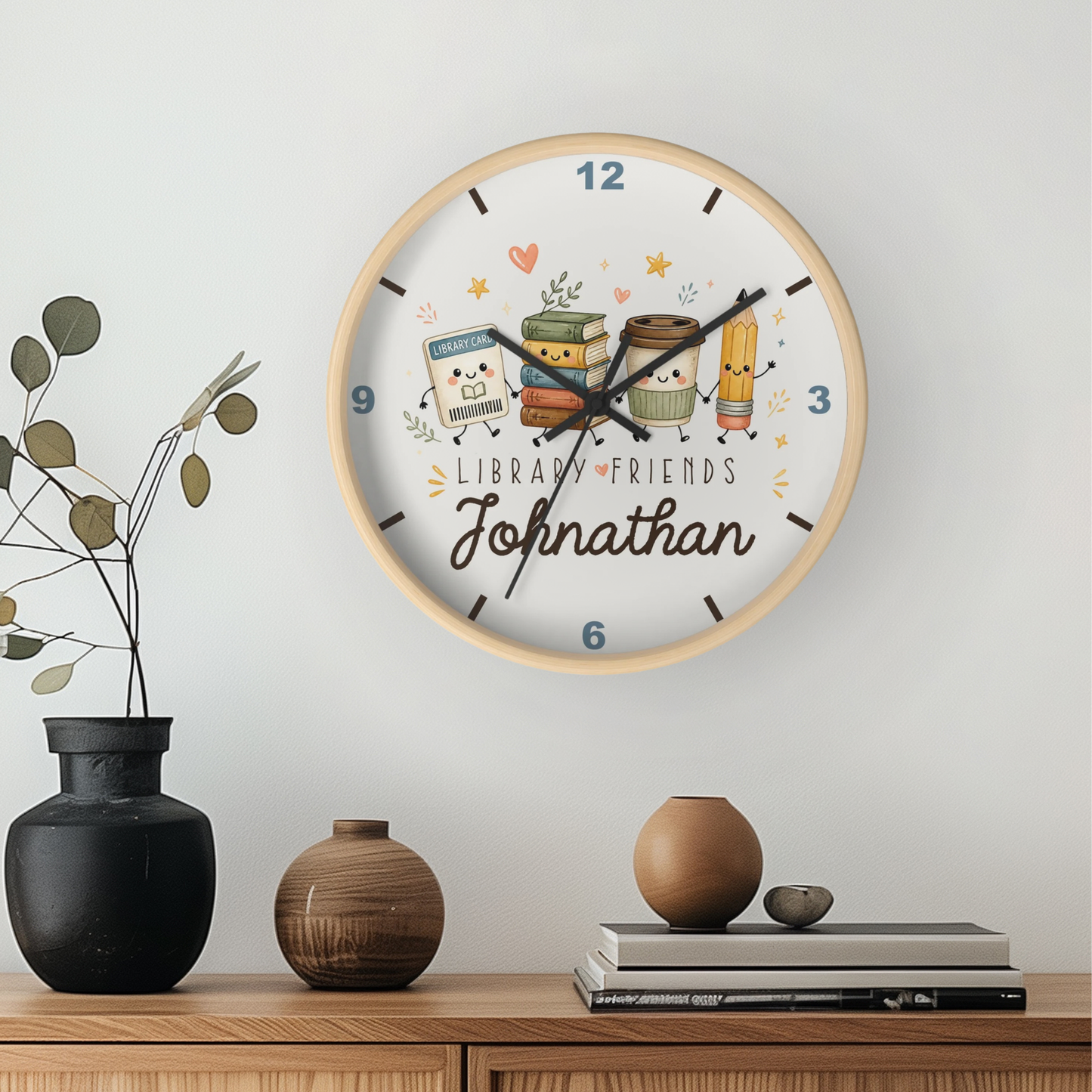 Reloj de pared personalizado para niños de Library Friends | Decoración linda para cuarto de juegos de bebé