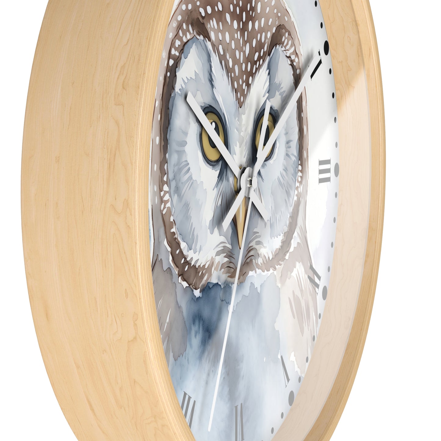 A round wall clock with a light natural wood frame and a printed owl face on the clock face, shown against a plain white background.