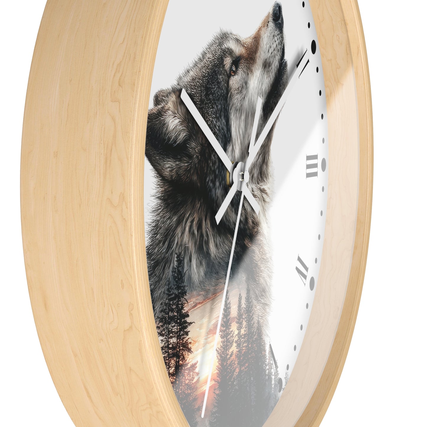 Wolf Sunset Wall Clock with Roman Numerals — Rustic Forest Animal Decor
