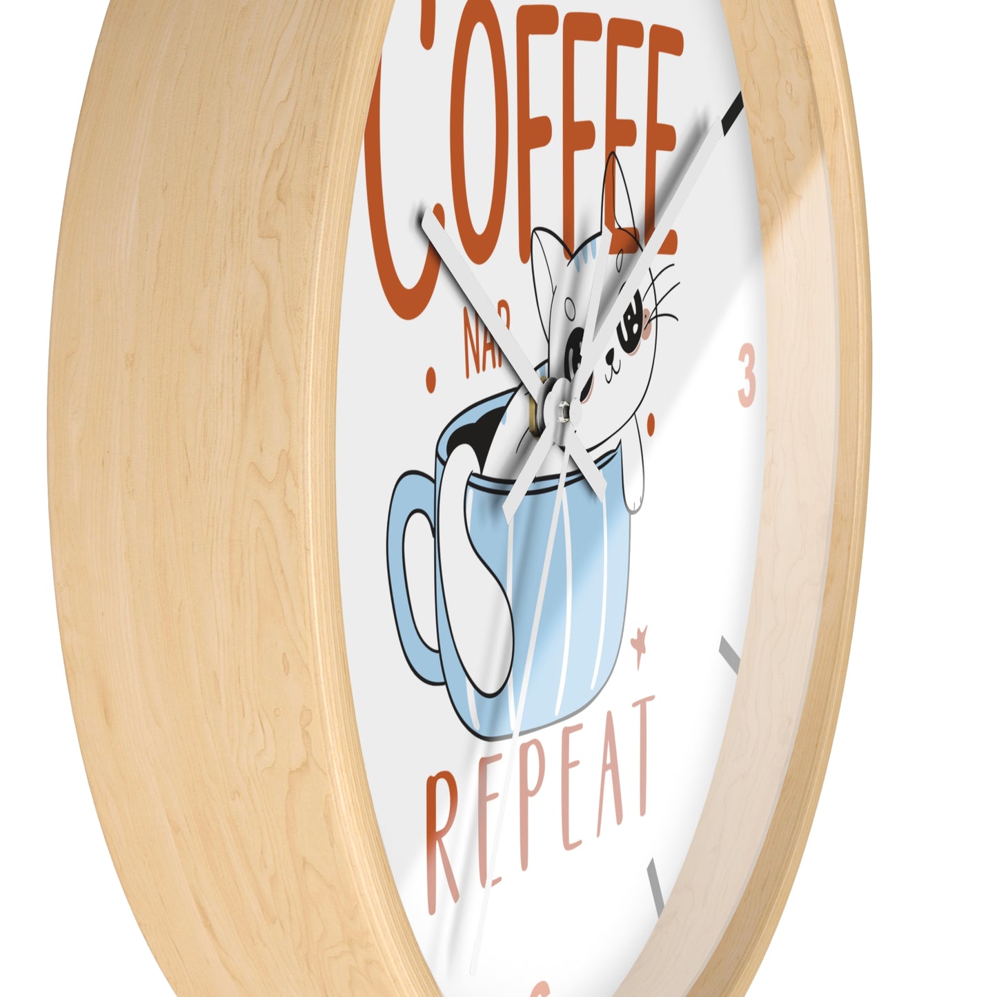 Coffee Nap Repeat Wall Clock | Cute Cat in Mug Kitchen Decor