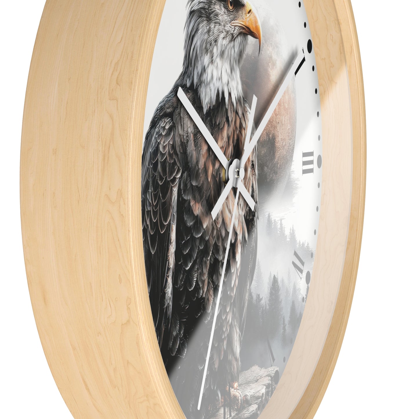 Round wall clock with a light natural wood frame and a printed eagle design on the face, shown against a plain white background.
