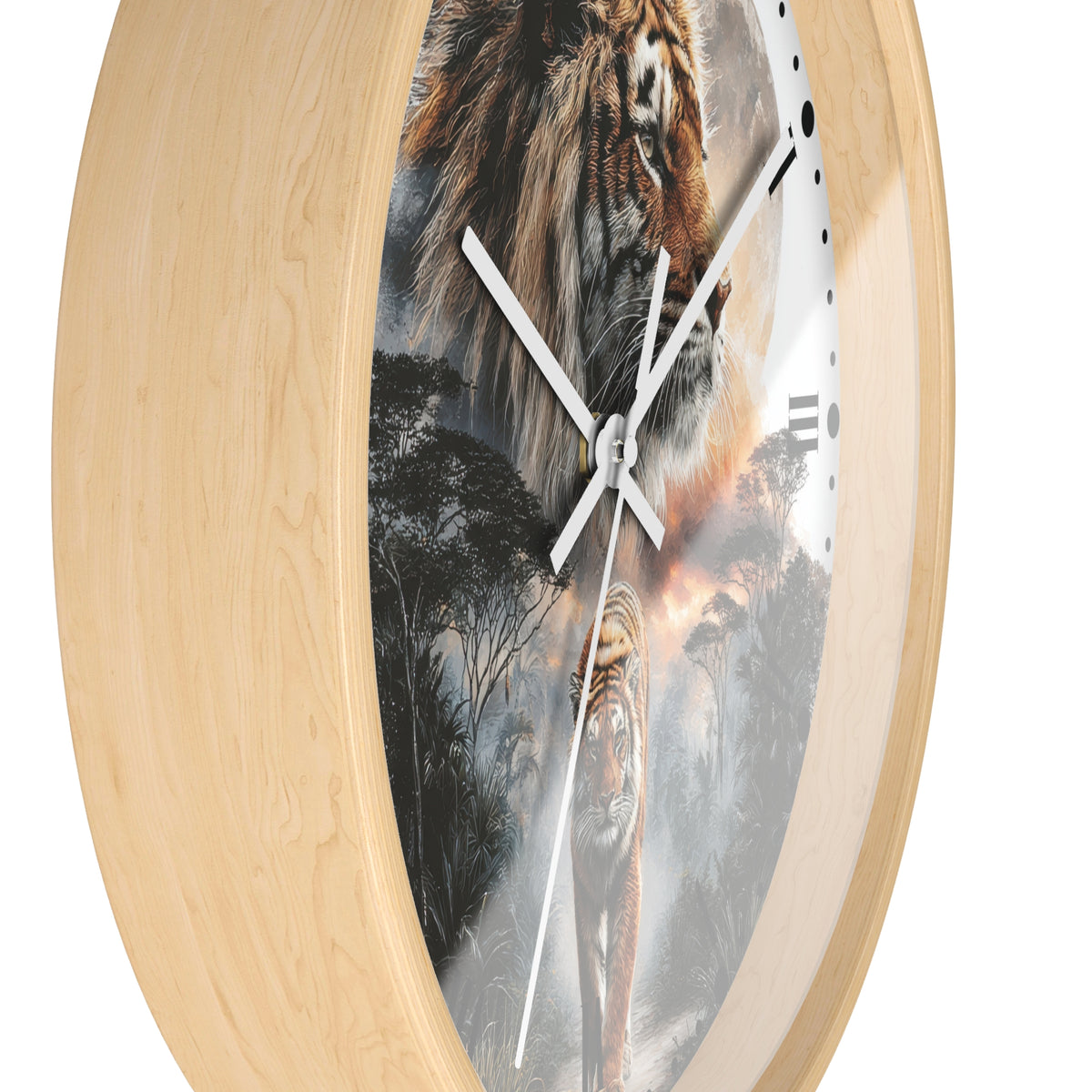 Round wall clock with a light natural wood frame and a printed safari scene featuring a large tiger head on top and tiger waking on the face, shown against a plain white background.