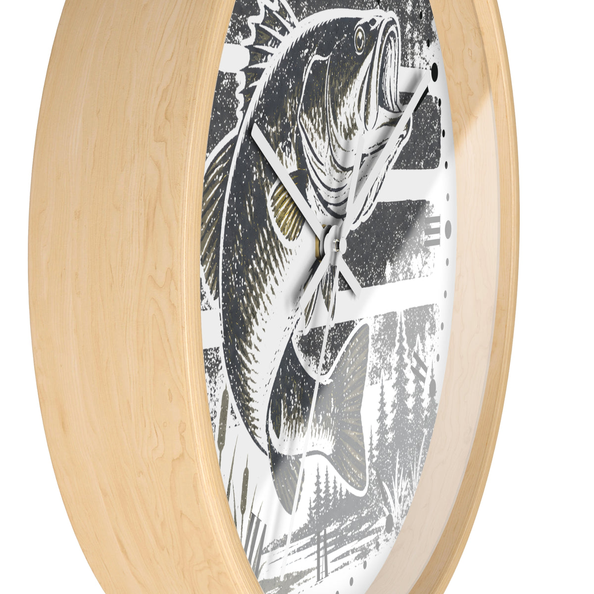 Round wall clock with a light natural wood frame and a black-and-white fish illustration on the face, shown against a plain white background.