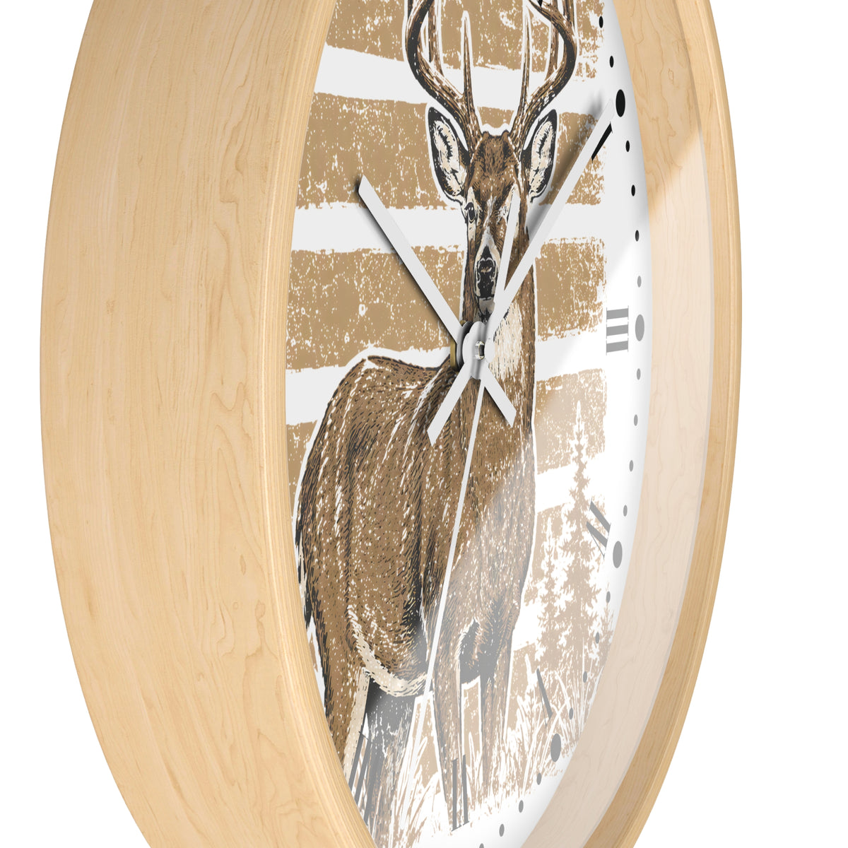 Round wall clock with a light natural wood frame and a printed deer illustration on the face, shown against a plain white background.