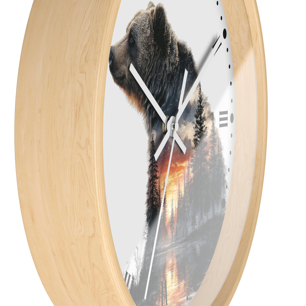 Bear Silhouette Wall Clock — Mountain Sunset Forest Double Exposure Decor