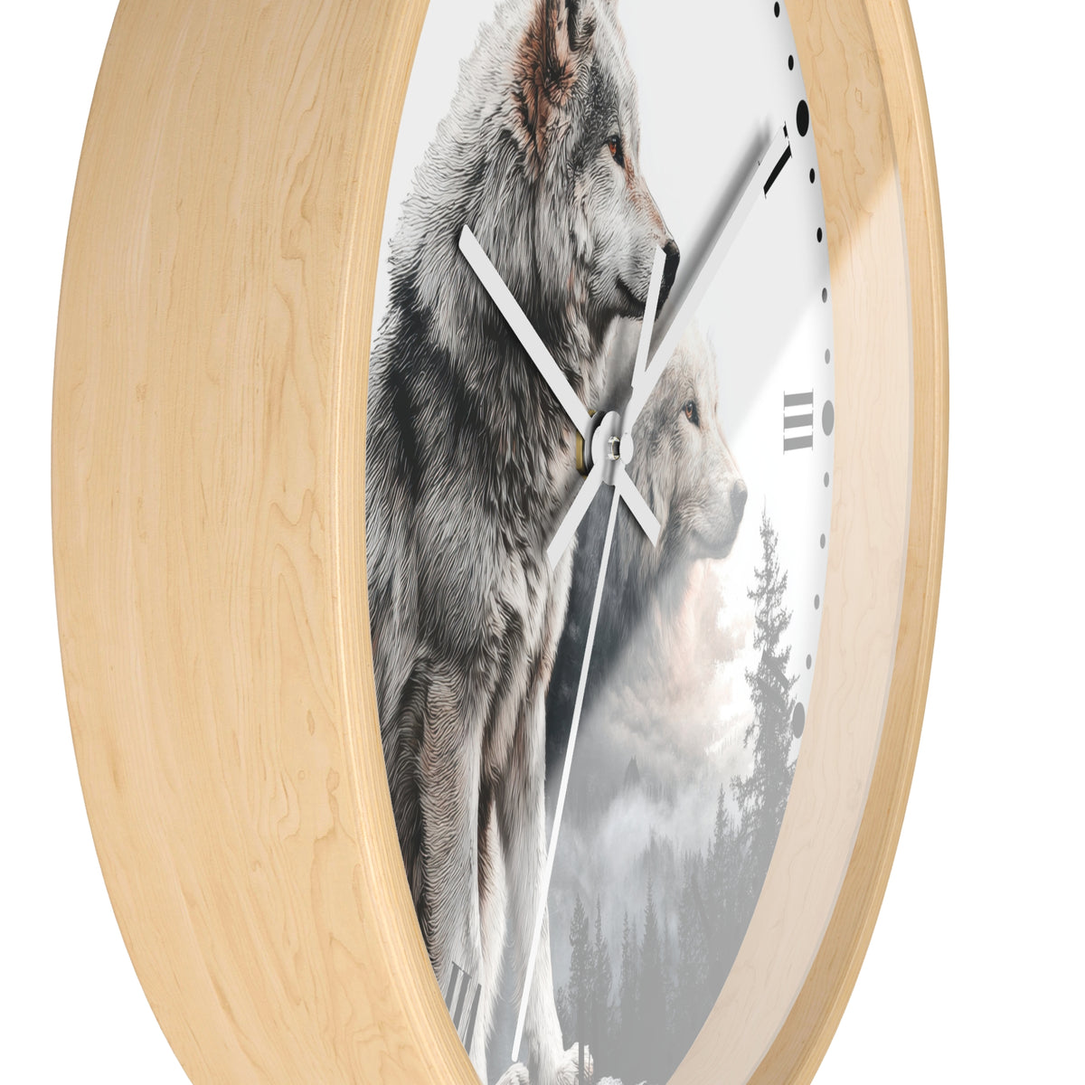 Round wall clock with a light natural wood frame and a printed wolf scene on the face, shown against a plain white background.