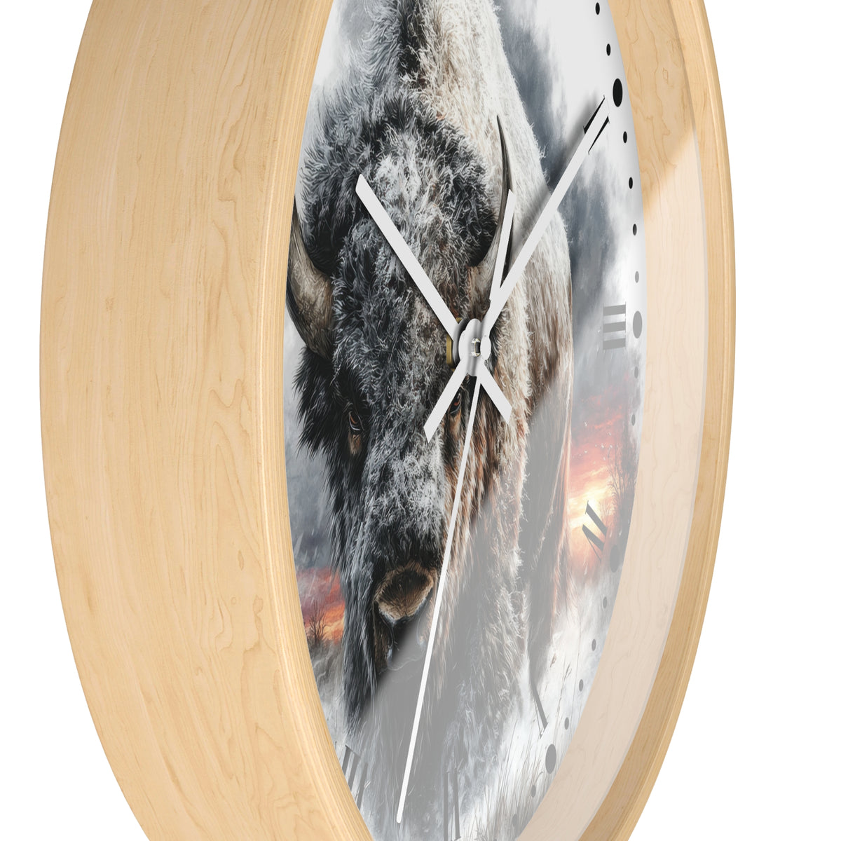 Bison Sunrise Wall Clock with Roman Numerals — Rustic Buffalo Decor