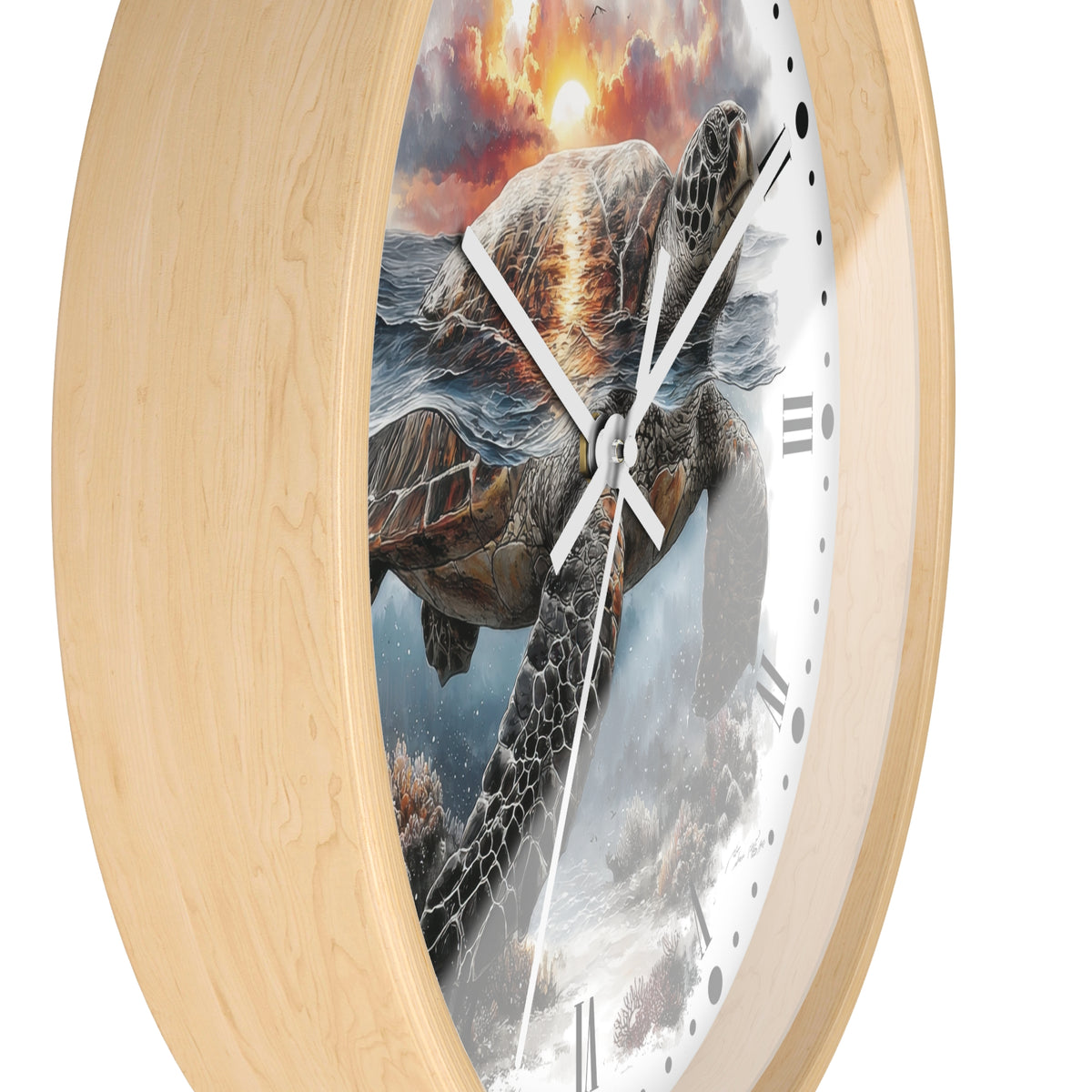 Round wall clock with a light natural wood frame and a printed sea turtle scene on the face, shown against a plain white background.