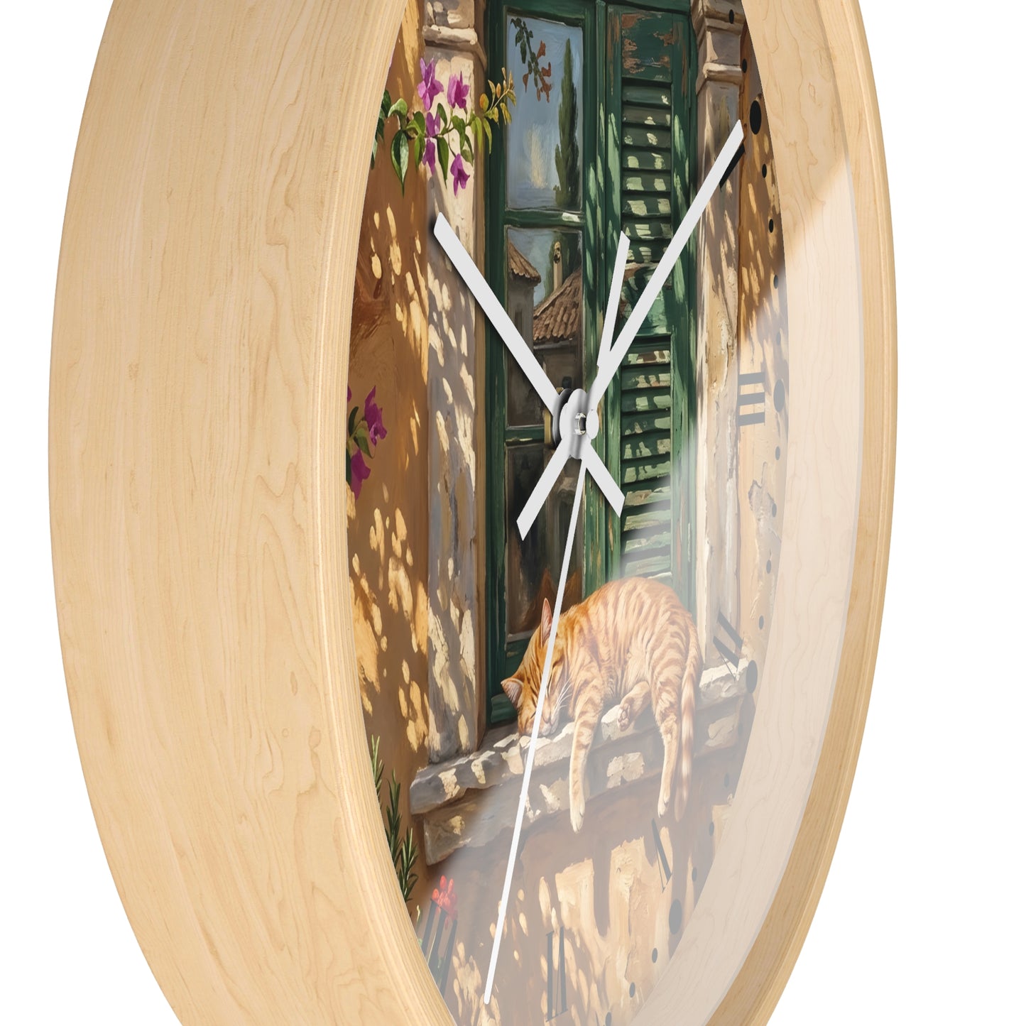 Round wall clock with a light natural wood frame and a printed scenic dial showing a sunlit green shuttered door, flowers, and a sleeping orange tabby cat, with white clock hands on a white background.