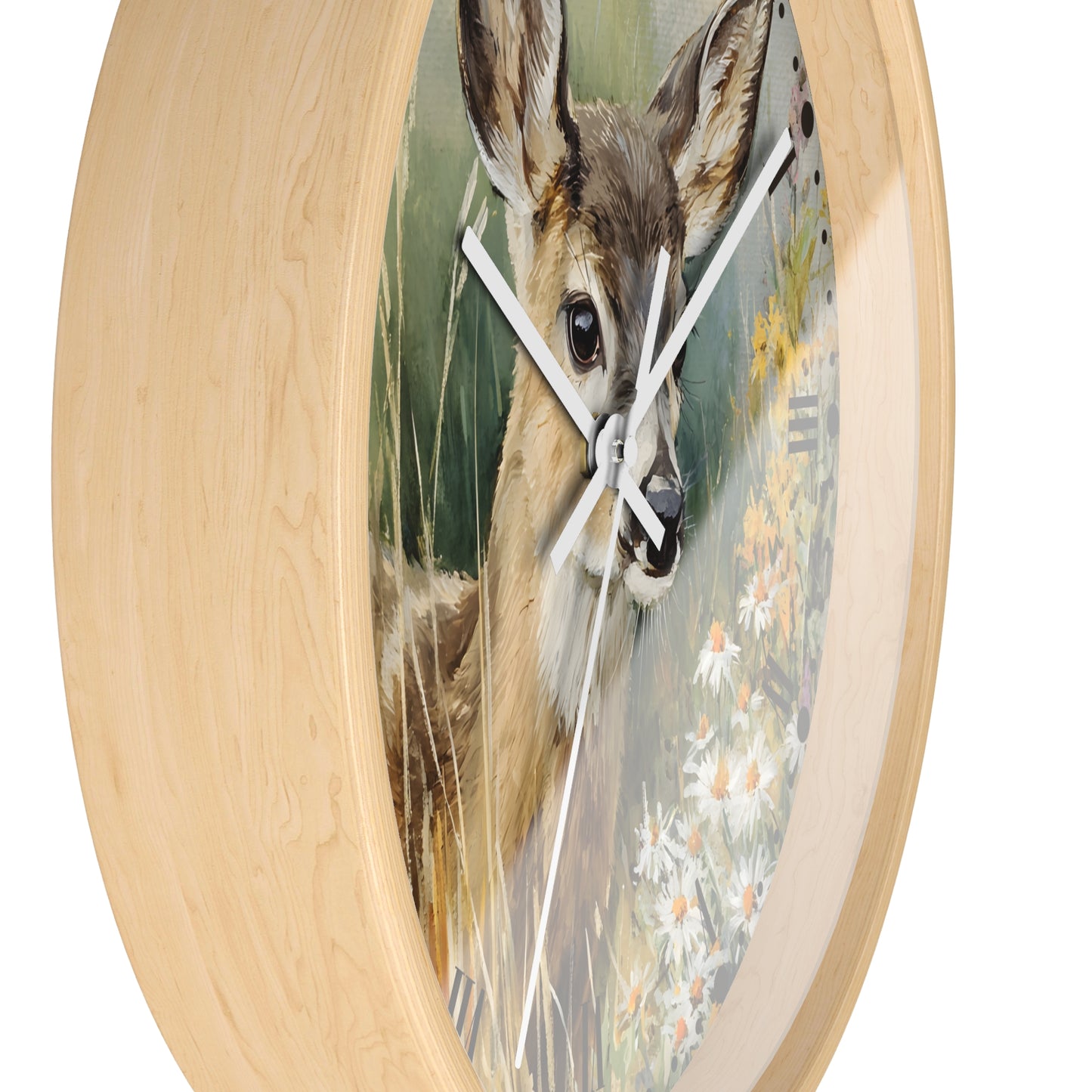 Round wall clock with a light natural wood frame and a printed deer illustration on the face, shown against a plain white background.