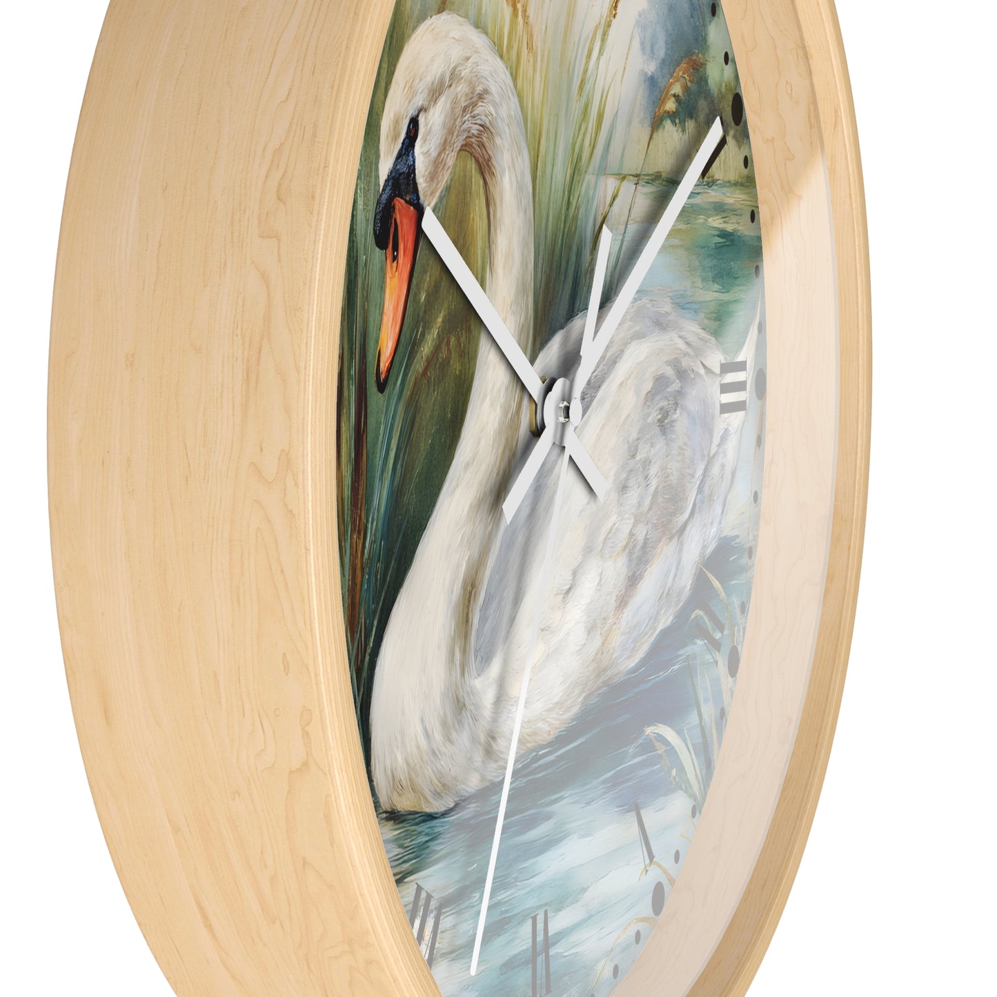 Round wall clock with a light natural wood frame and a printed swan painting in the center, shown against a plain white background.