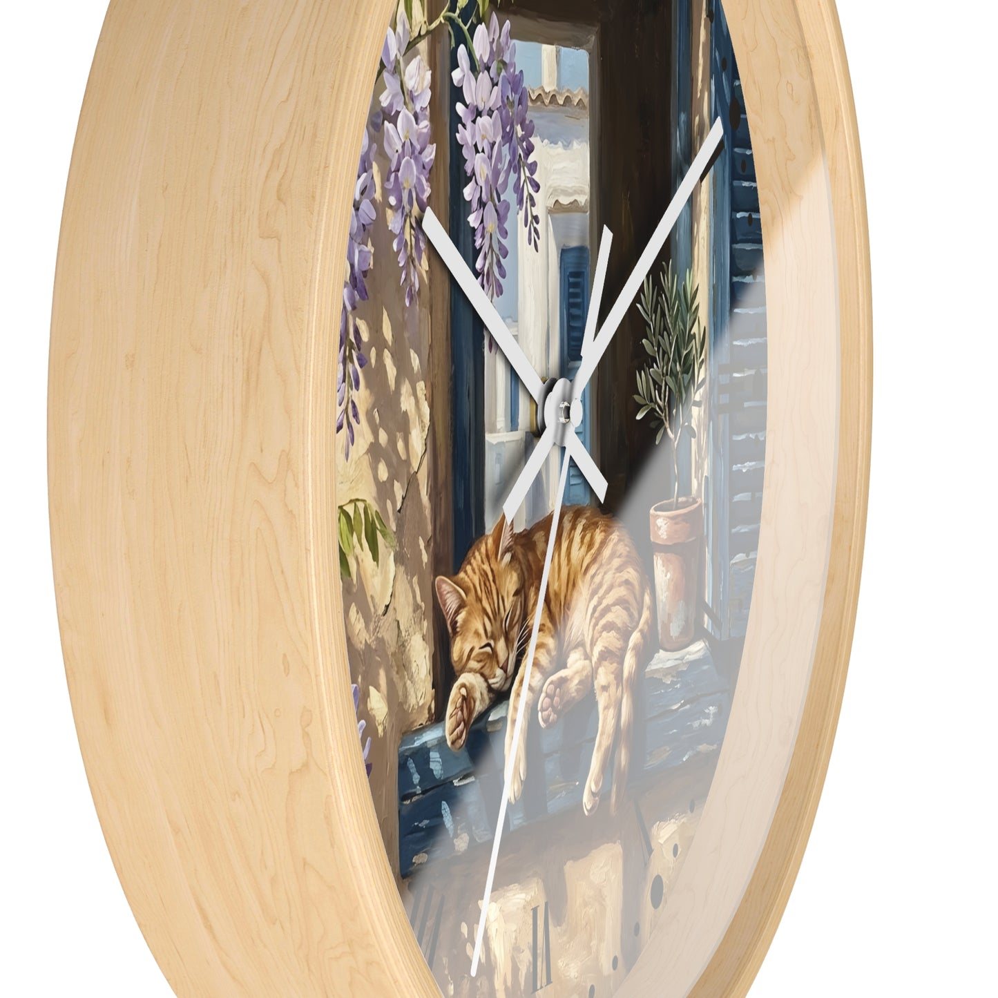 Round wall clock with a light natural wood frame and a printed illustration of an orange tabby cat sleeping on a windowsill, with purple wisteria and a blue-toned window background.
