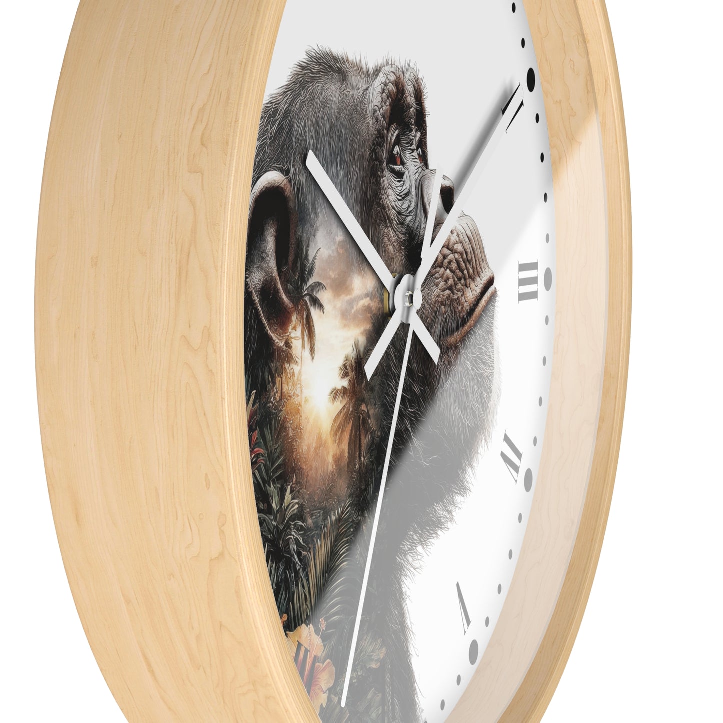 Round wall clock with a light natural wood frame and a white face featuring a detailed chimpanzee portrait with a sunset landscape reflection.