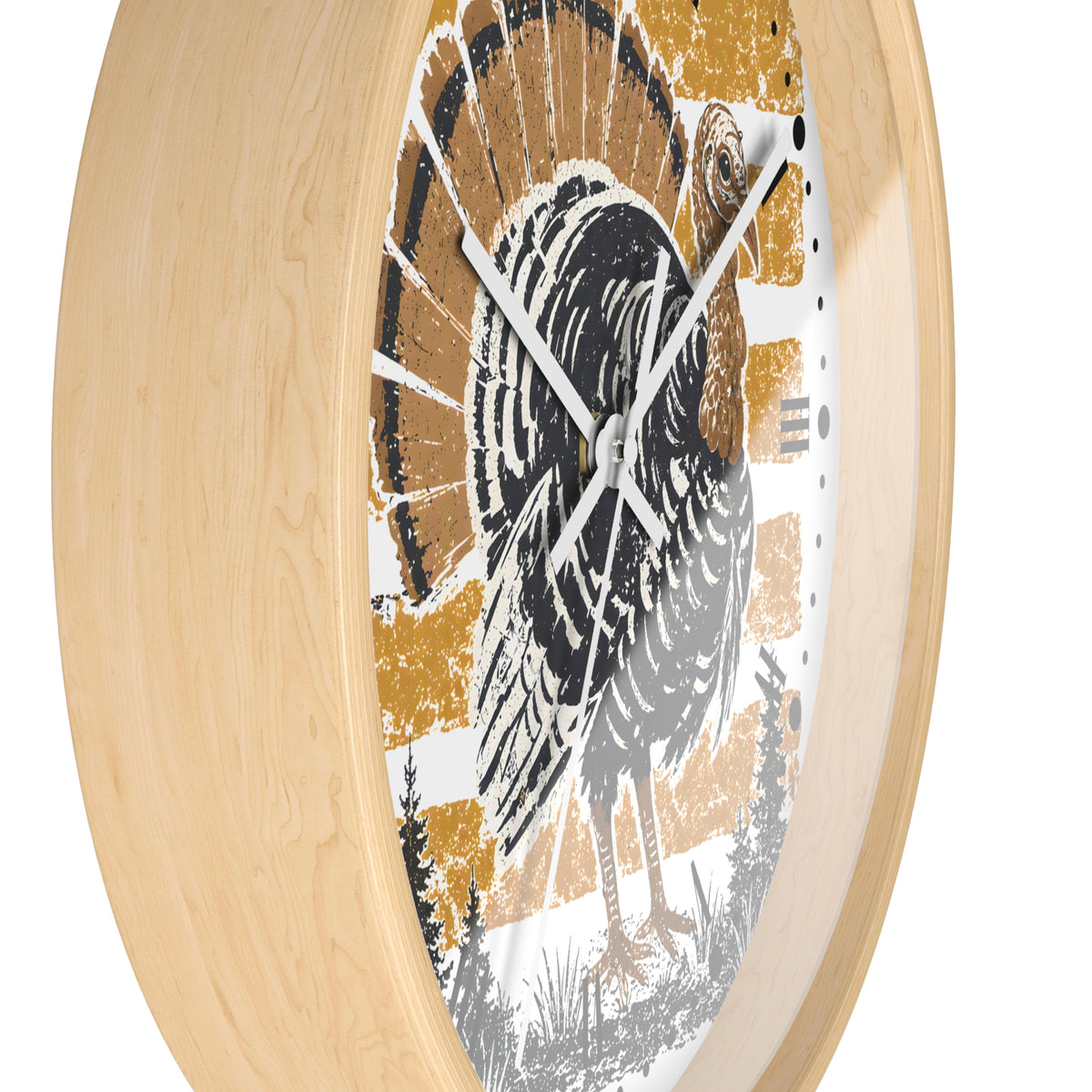 Round wall clock with a light natural wood frame and a rustic turkey illustration in black, white, and mustard yellow on the dial, shown against a plain white background.