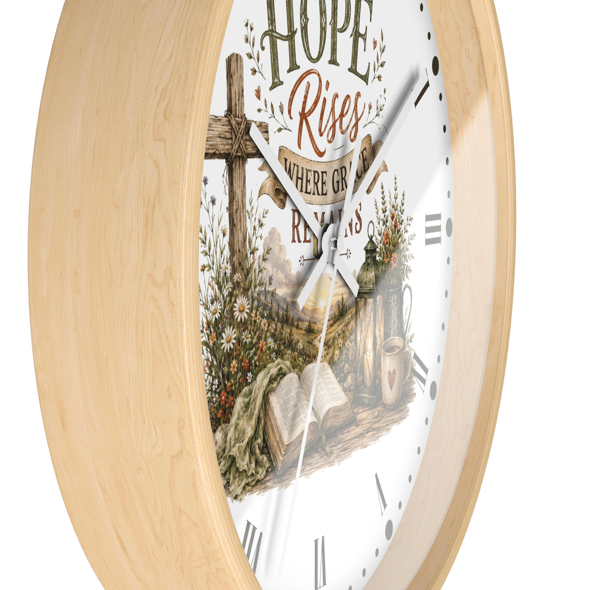 Christian Inspirational Wall Clock — "Hope Rises Where Grace Remains" Farmhouse Decor
