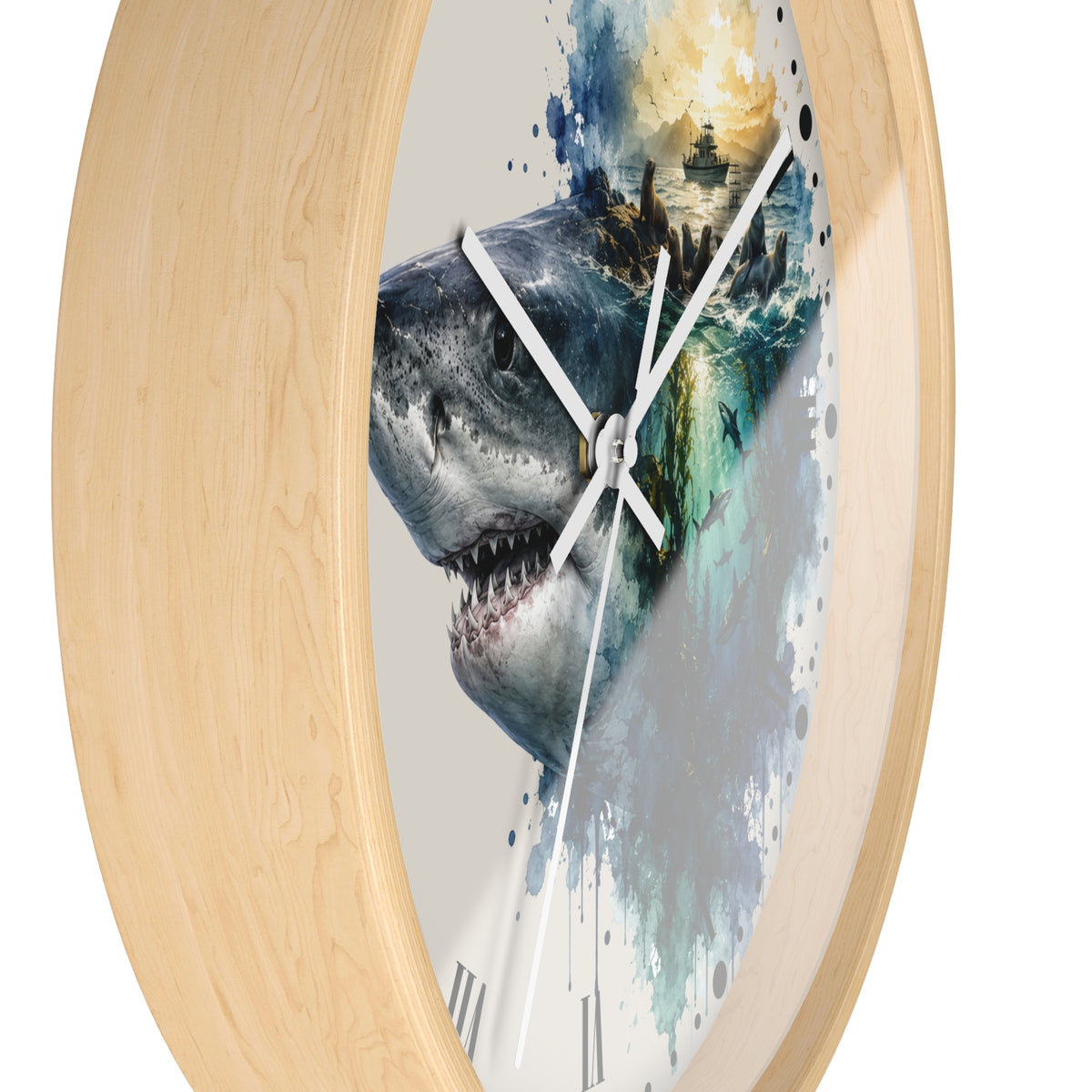 Ocean Shark & Seals Wall Clock — Watercolor Ship Nautical Art Decor