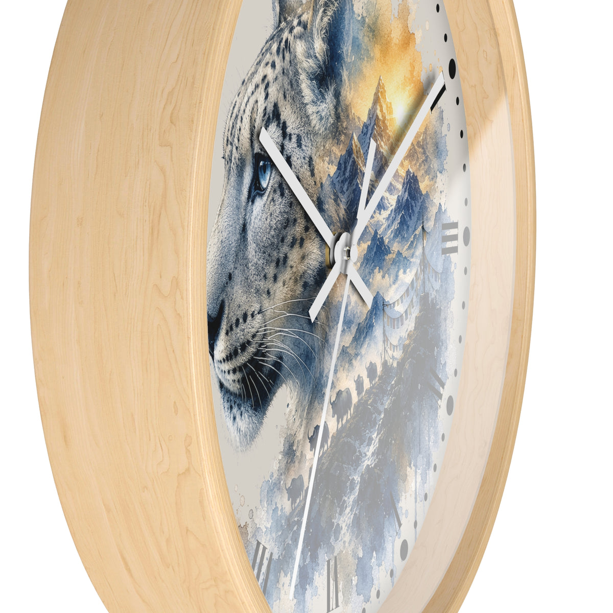 Round wall clock with a light natural wood frame and a printed face featuring a leopard in blue, gray, and gold tones, shown against a plain white background.