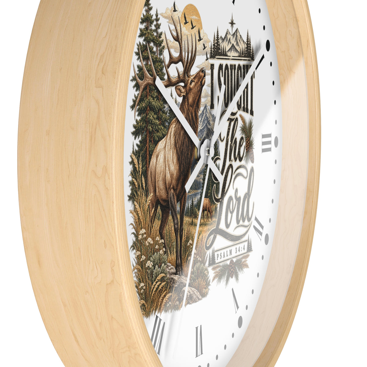 Rustic Elk Wall Clock – “I Sought The Lord” Psalm 34:4 Christian Home Decor