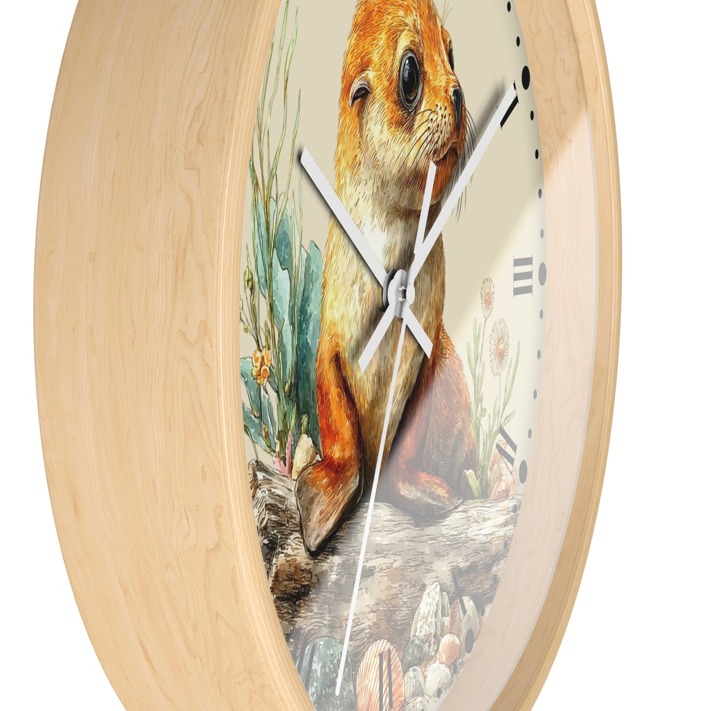 Round wall clock with a light natural wood frame and a printed illustration of a seal on the face, with white hands and black Roman numerals.