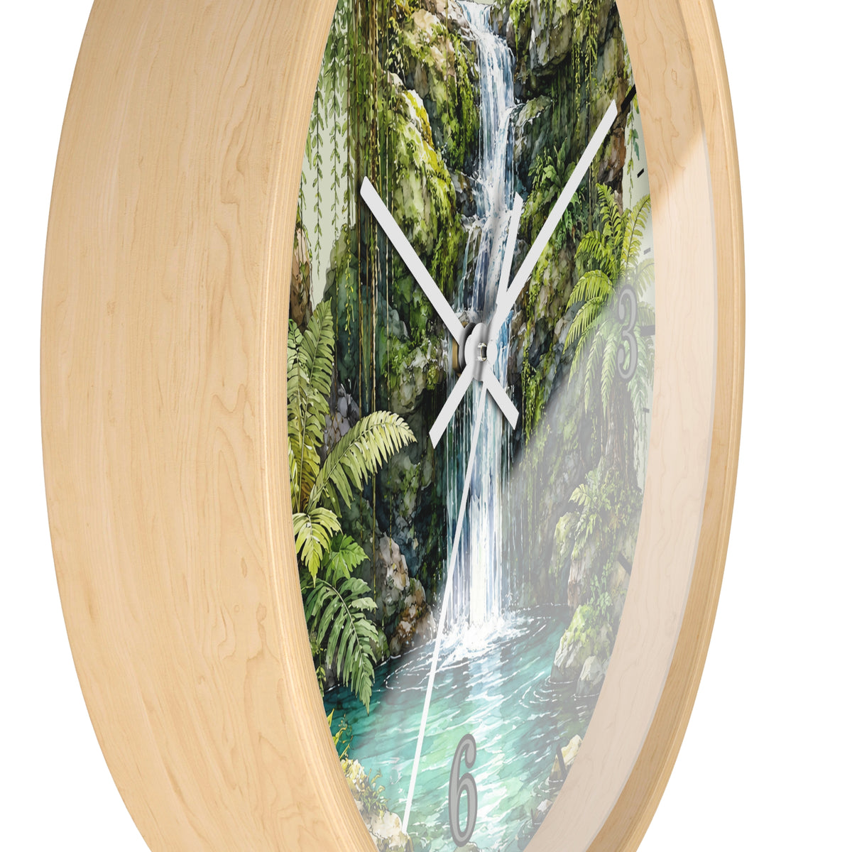 Round wall clock with a light natural wood frame and a printed scenic insert of a waterfall in a lush green forest, with white hands and a visible six at the bottom.