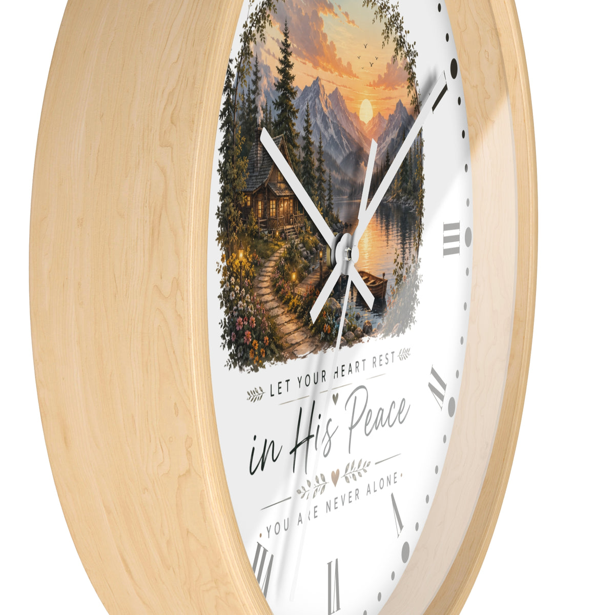 Scenic Cabin Christian Wall Clock - 'In His Peace Let Your Heart Rest'