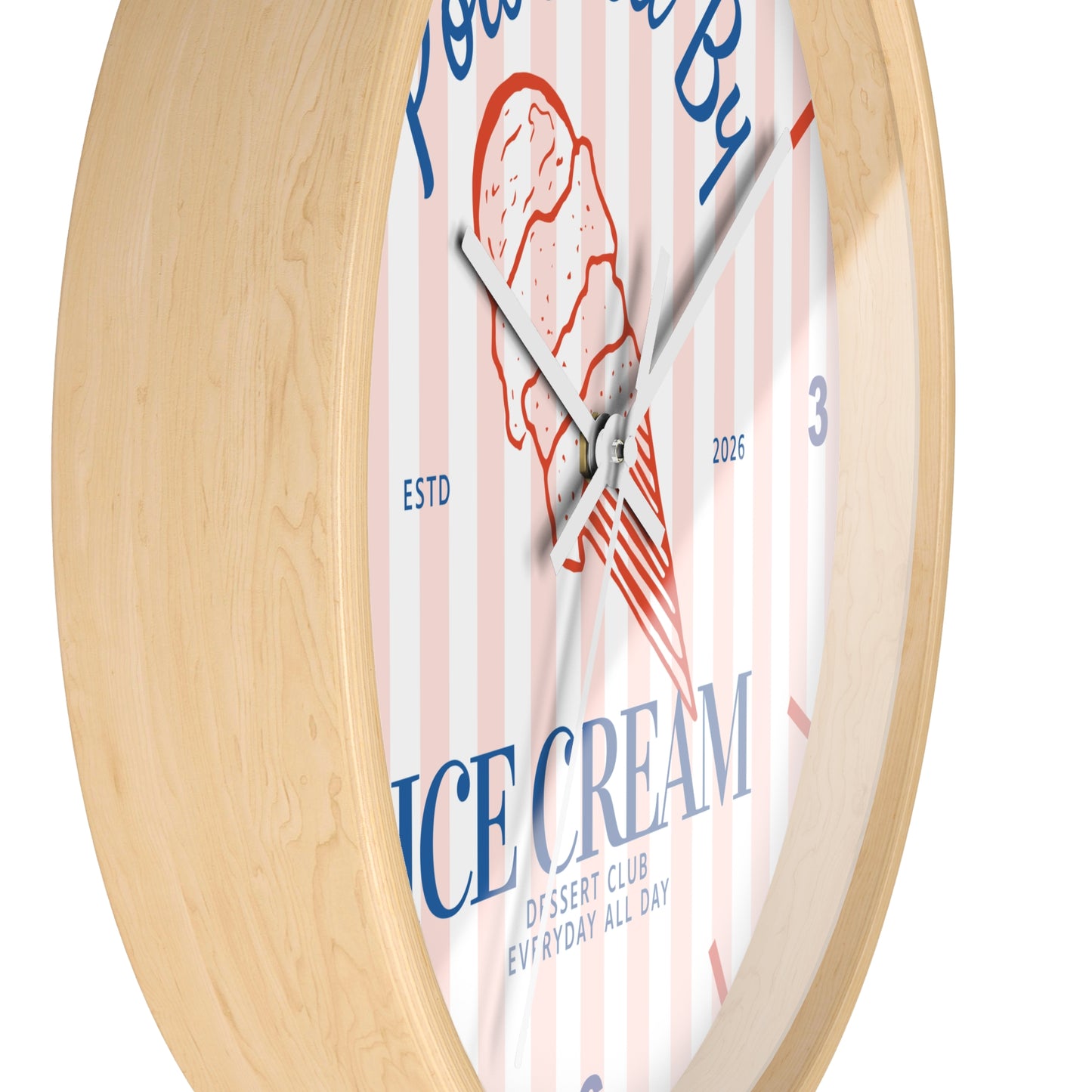 Dessert Club Wall Clock | "Powered By Ice Cream" Retro Striped Kitchen Decor