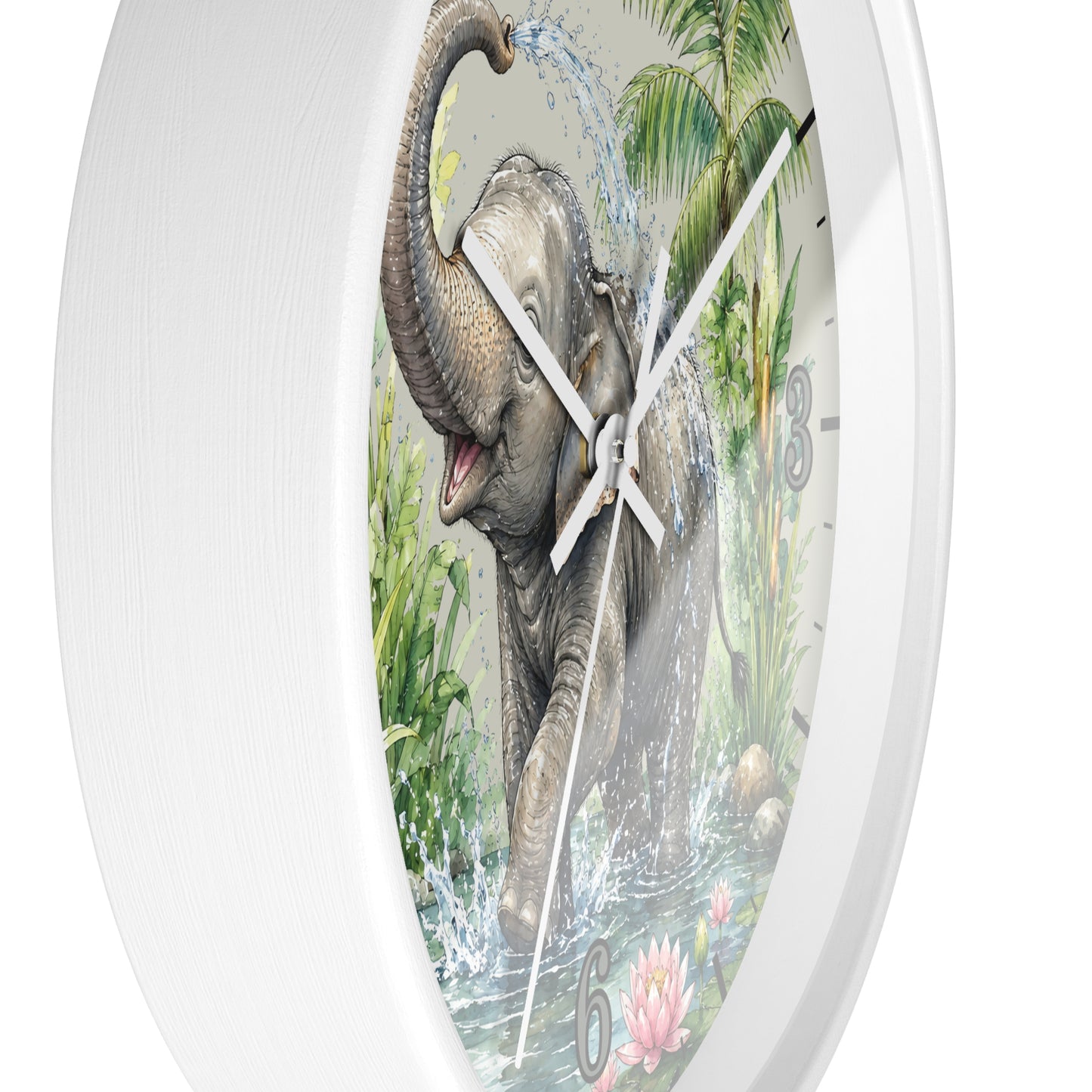 A round white wall clock featuring a detailed illustration of an elephant spraying water in a tropical jungle setting.
