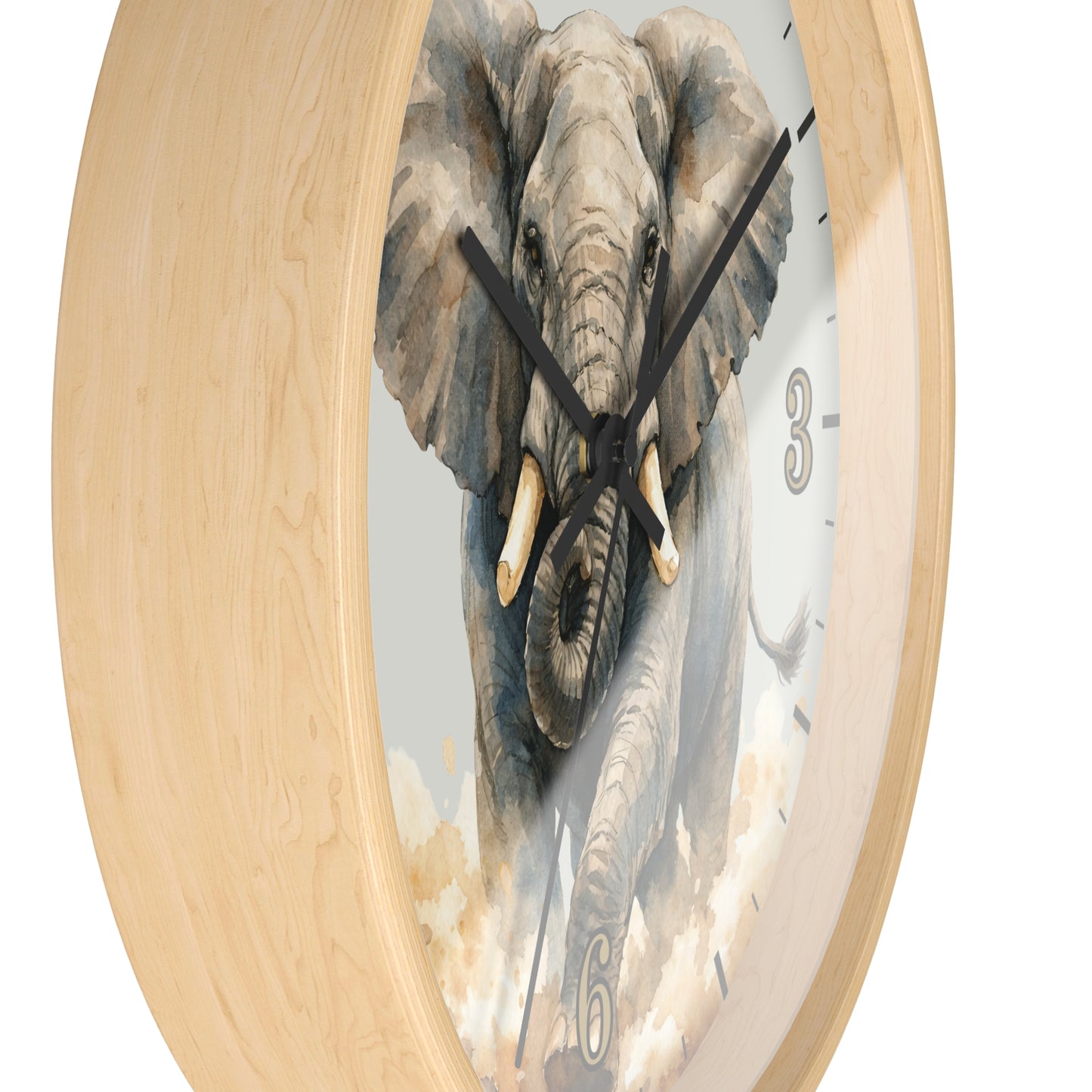 Round wall clock with a light natural wood frame and a printed elephant face design on the face, with black hands and black numerals on a white background.