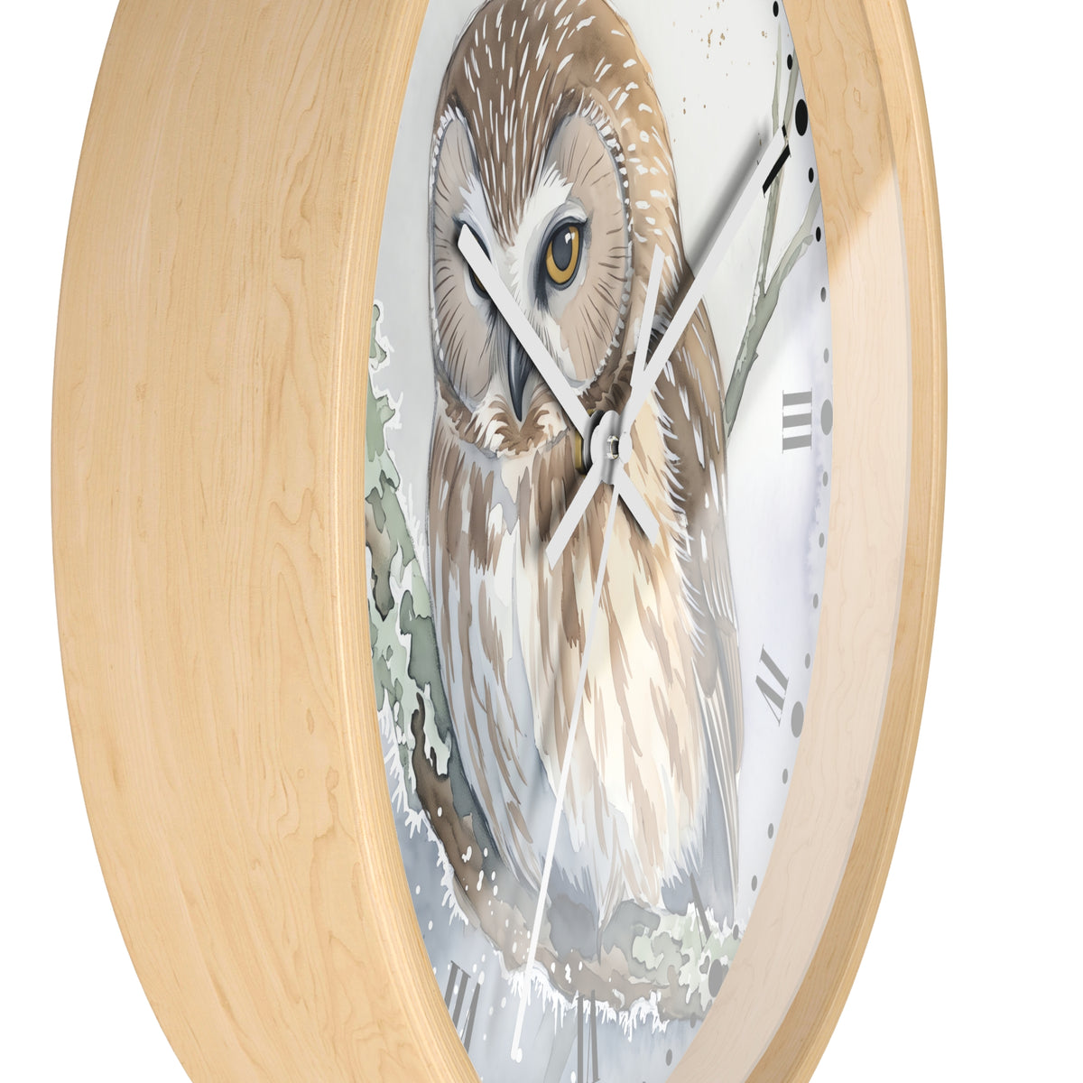 Round wall clock with a light natural wood frame and a printed owl illustration on the face, shown against a plain white background.
