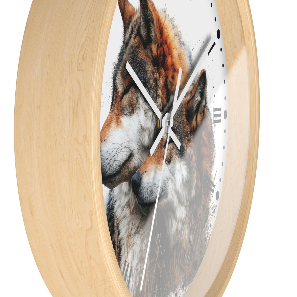 Round wall clock with a light natural wood frame and a printed wolf face design on the dial, shown against a plain white background.