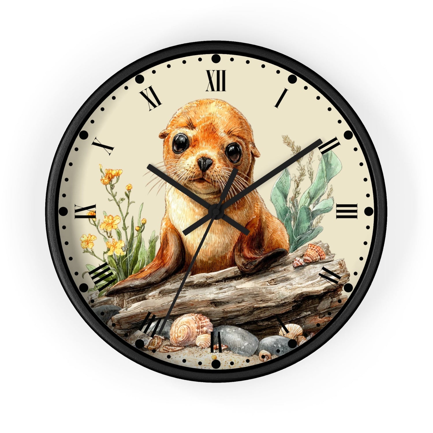 Round black frame wood clock with a design of a baby seal perched on drift wood surrounded by seashells