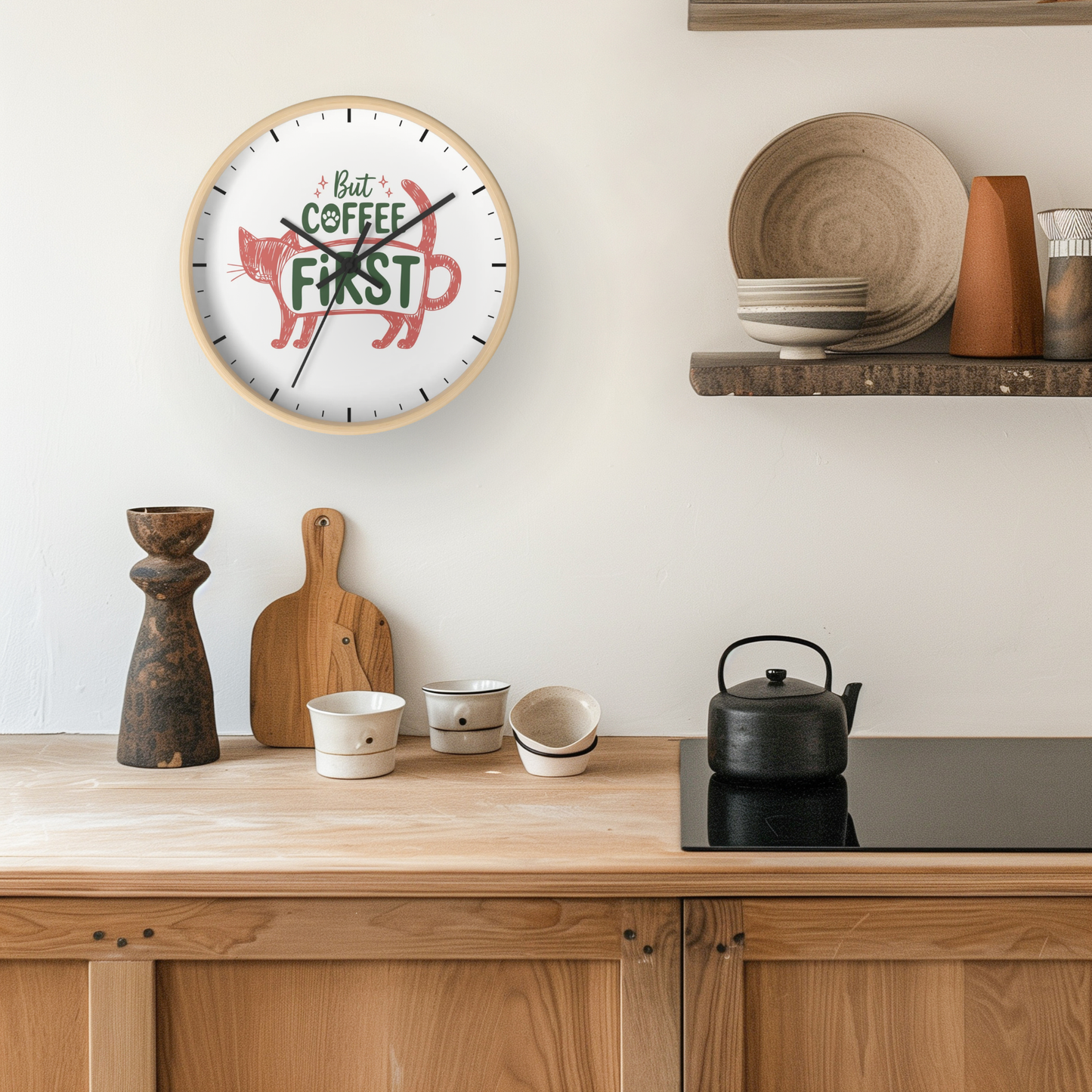 Pero Primero Café Reloj de Pared Gato de Café - Linda Decoración de Cocina Dibujada a Mano