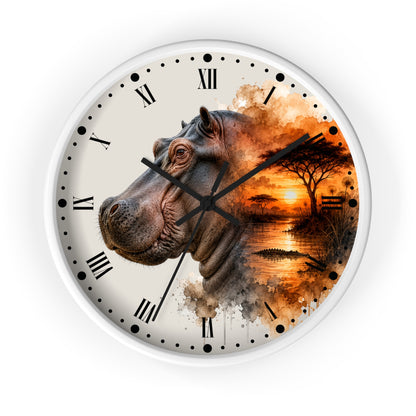 A round wall clock with a white frame and a creative design combining a realistic hippopotamus head on the left with an African savanna sunset scene on the right. The clock face is off-white with black Roman numerals and hands.