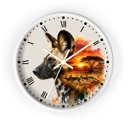 African Wild Dog Sunset Wall Clock — Safari Animal Home Decor