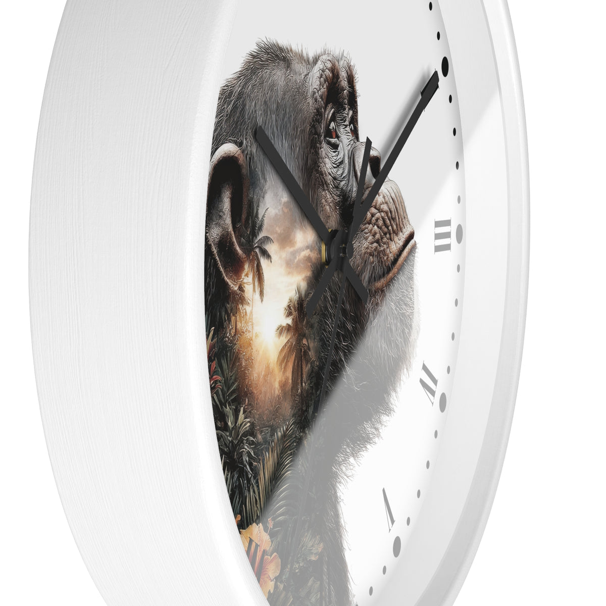 A white round wall clock with a printed chimpanzee face and tropical sunset scene on the clock face, shown against a plain white background.