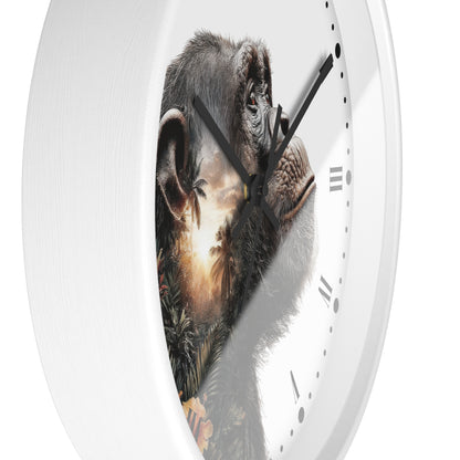 A white round wall clock with a printed chimpanzee face and tropical sunset scene on the clock face, shown against a plain white background.