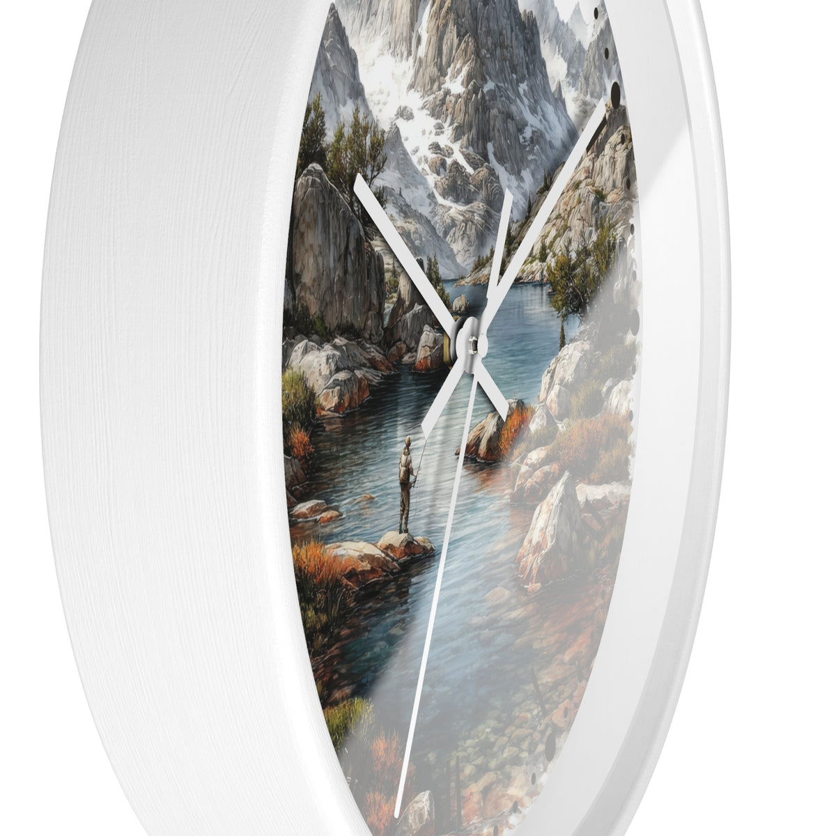 Oval wall clock with a white frame and a scenic mountain river landscape printed on the face, shown against a plain white background.