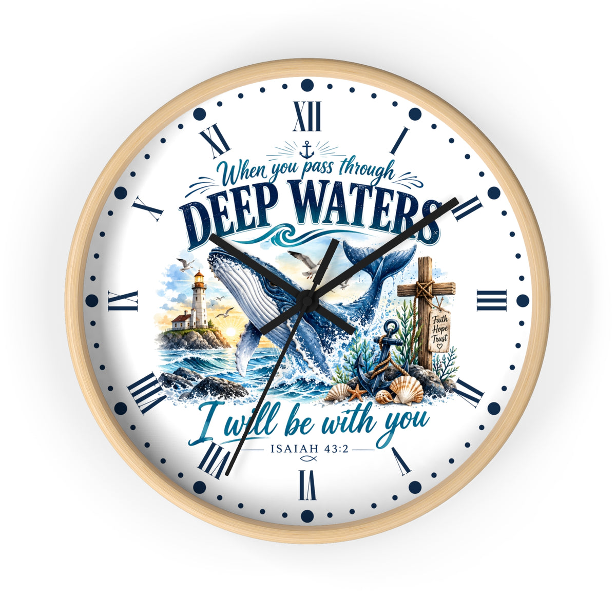 Christian Inspirational Wall Clock — 'When You Pass Through Deep Waters' (Isaiah 43:2)
