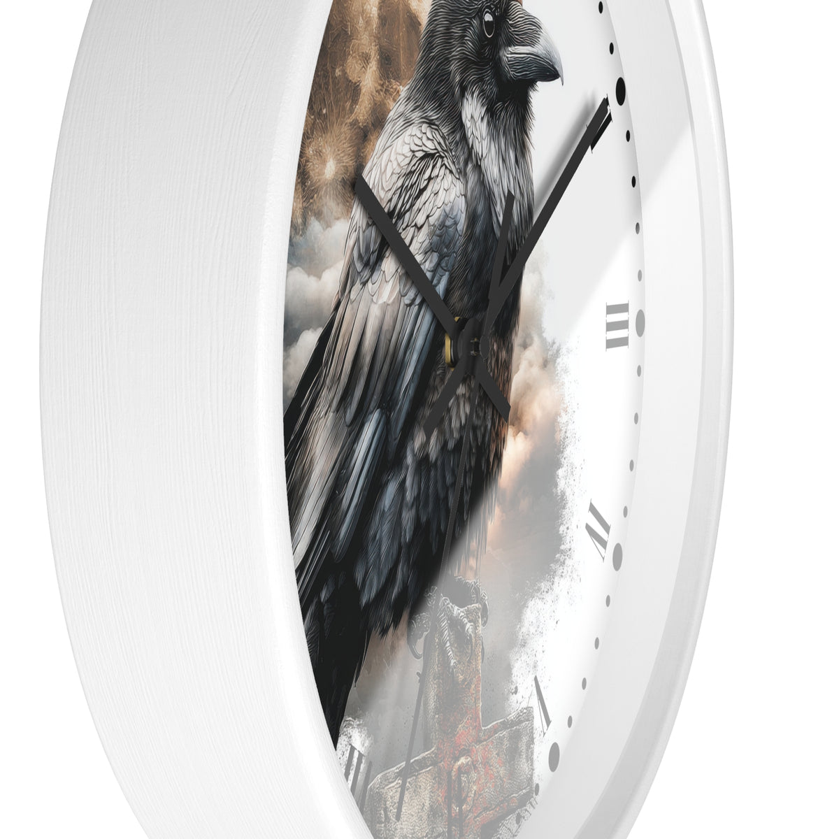 A white round wall clock with a printed raven artwork on the face and black hands, shown against a plain white background.
