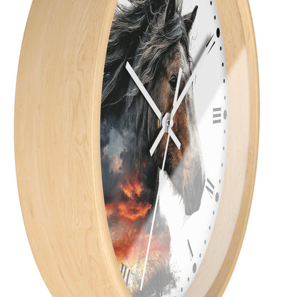 Round wall clock with a light natural wood frame and a printed horse face over a fiery sky design on the dial, shown against a plain white background.