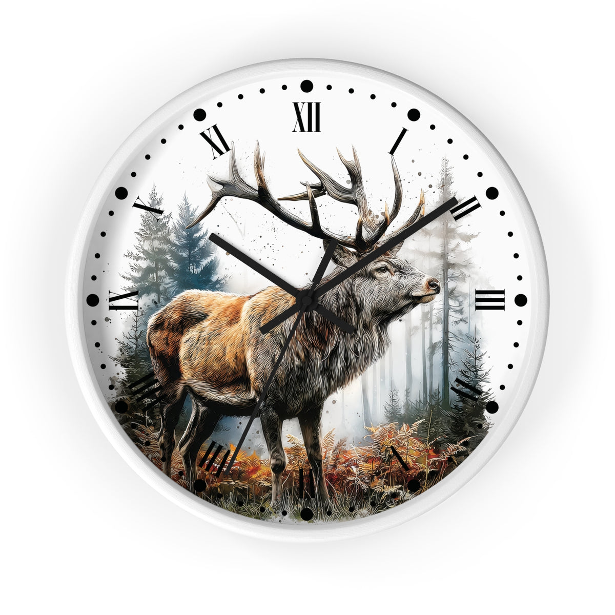 A round wall clock with a white frame and face, featuring a detailed illustration of a stag with large antlers standing in a misty forest. The clock has black Roman numerals, black hour and minute hands, and black minute markers.