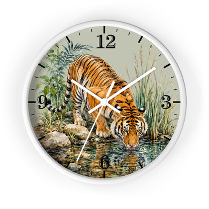 A round wall clock with a white frame and a printed illustration of a tiger drinking water, with black Arabic numerals and white clock hands, shown against a plain white background.