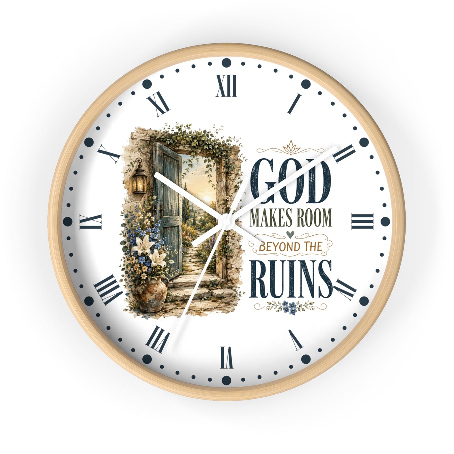 Inspirational Wall Clock — “God Makes Room Beyond the Ruins” Rustic Faith Home Decor