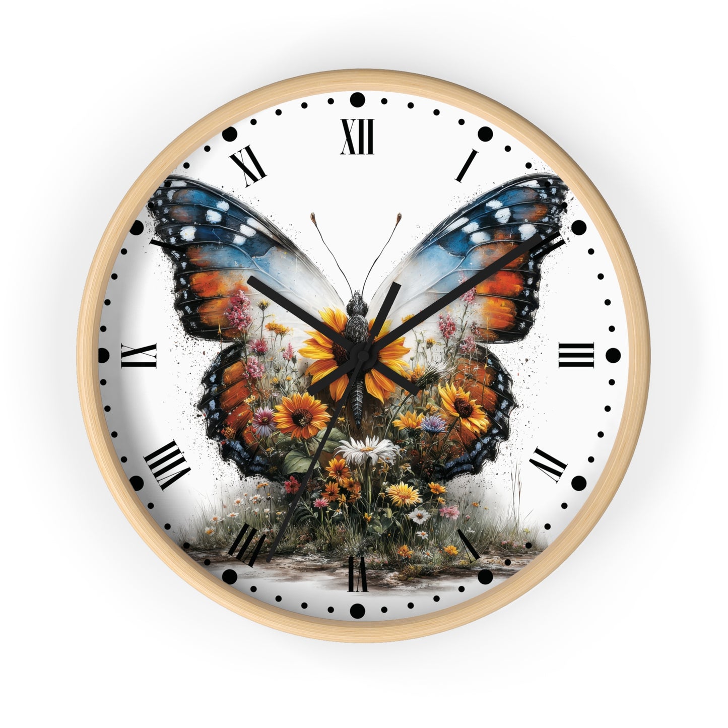 A round wall clock with a light wood frame and a white face featuring a large colorful butterfly over wildflowers, with black Roman numerals and hands on a white background.