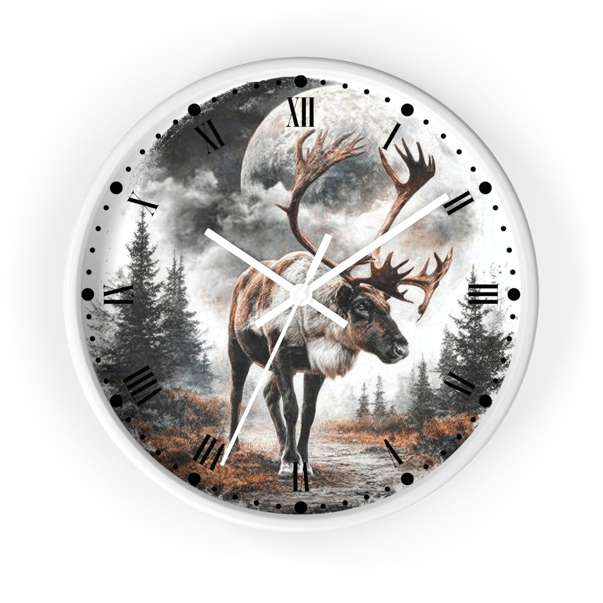 Round wall clock with a white frame and a printed nature scene featuring a large reindeer with antlers walking in a forest under a full moon, with black Roman numerals and white hands on a white background.