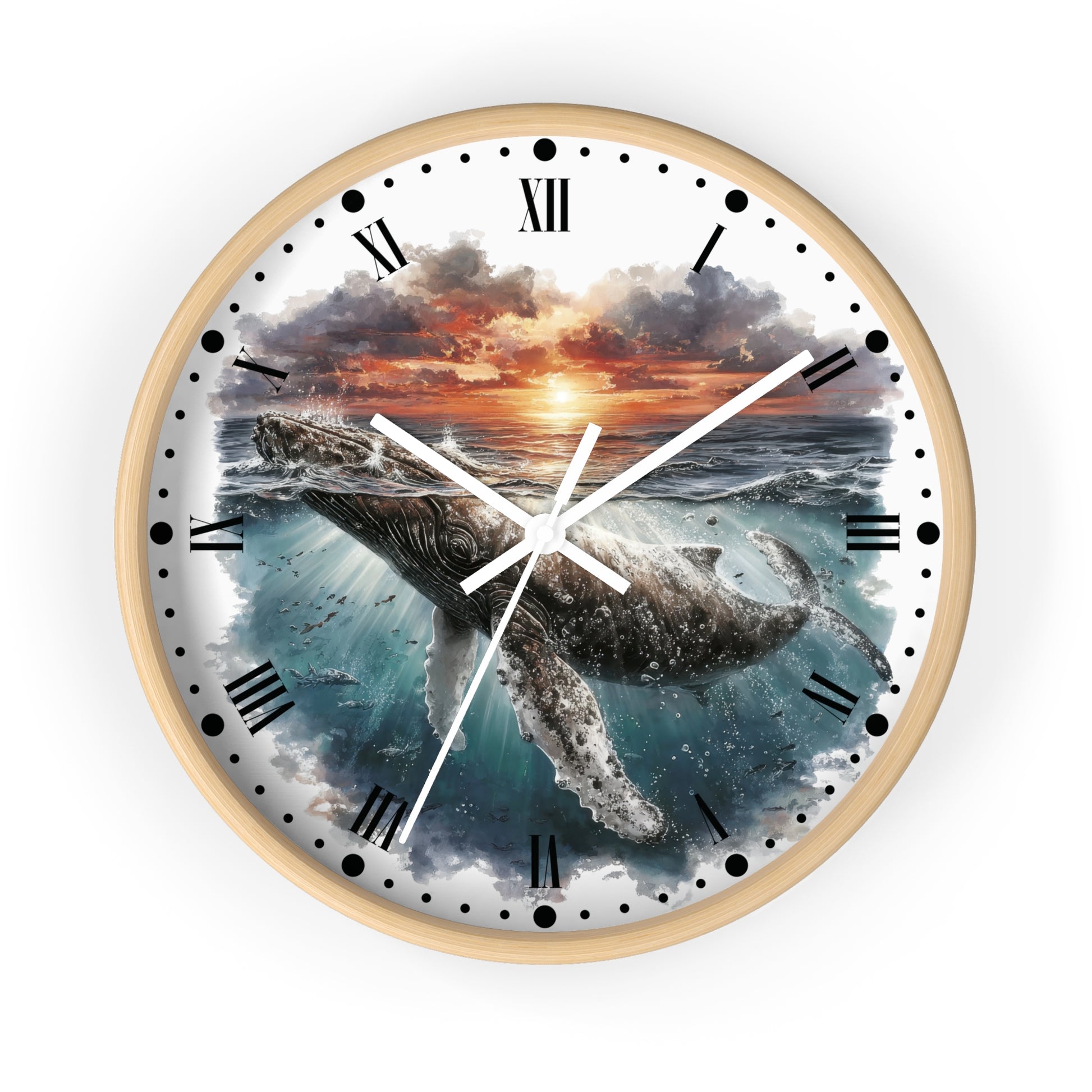 A round wall clock with a light wood frame and a printed ocean scene featuring a whale beneath a sunset sky. The clock face has black Roman numerals, black hour markers with dot details, white hands, and a white outer background.