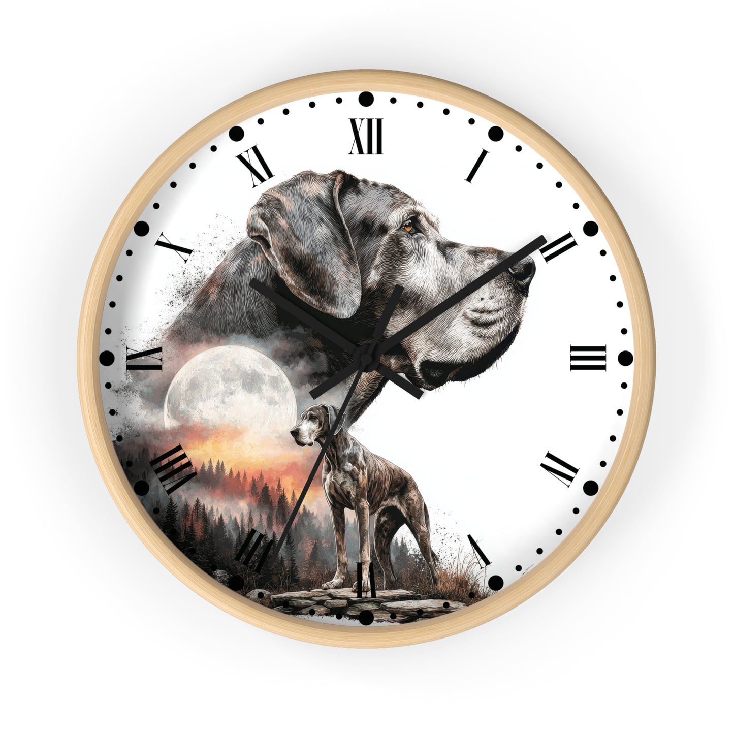 A round wall clock with a light wood frame and a white face featuring a detailed dog illustration with a moon and forest scene. The clock has black Roman numerals and black hands, shown against a plain white background.