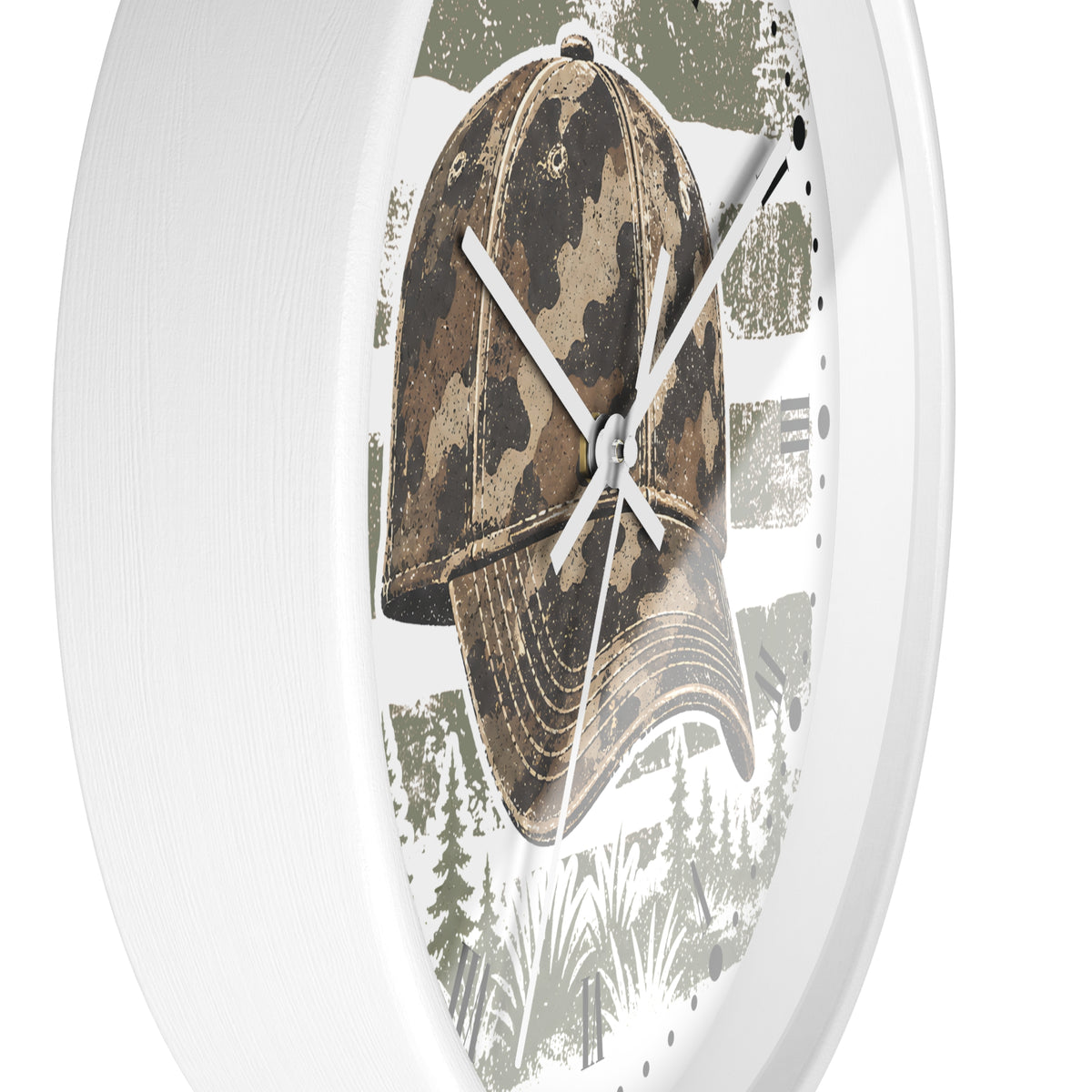 A white oval wall clock featuring a printed design of a camouflage baseball cap over a forest and brush pattern.