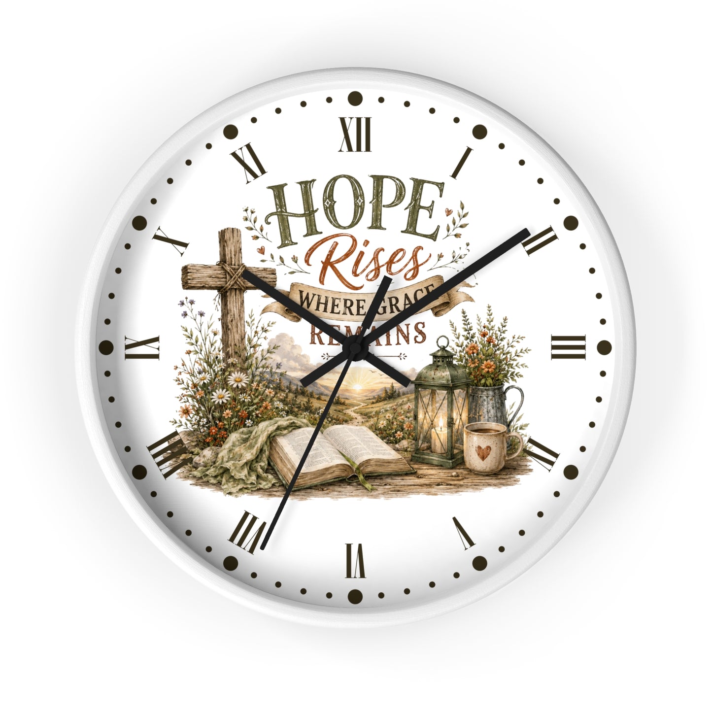 Christian Inspirational Wall Clock — "Hope Rises Where Grace Remains" Farmhouse Decor